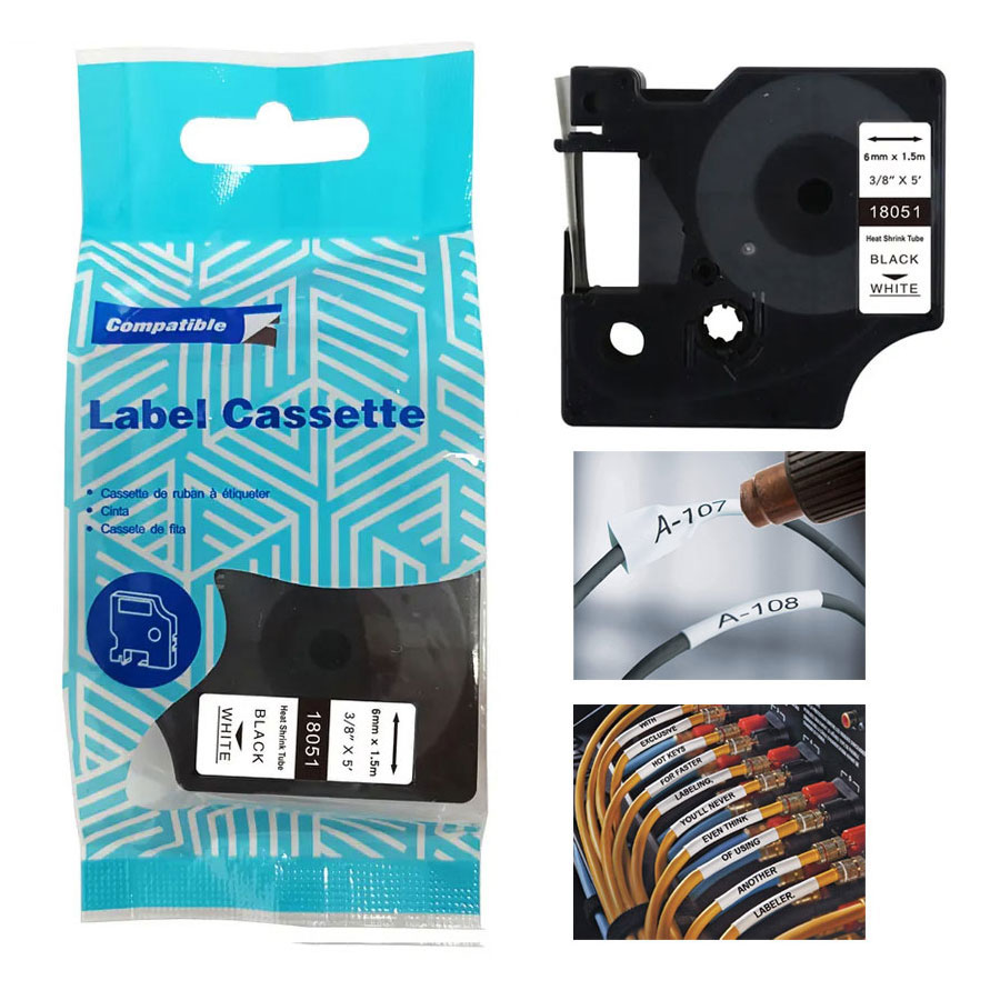 Θερμοσυστελλόμενες Ετικέτες Καλωδίων (Heat shrink tubes) Συμβατές με Dymo 18051 (Μαύρο σε Άσπρο Σωλήνα) 6mm X 1.5m