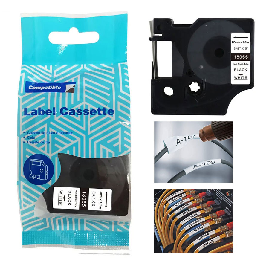 Θερμοσυστελλόμενες Ετικέτες Καλωδίων (Heat shrink tubes) Συμβατές με Dymo 18055 (Μαύρο σε Άσπρο Σωλήνα) 12mm X 1.5m