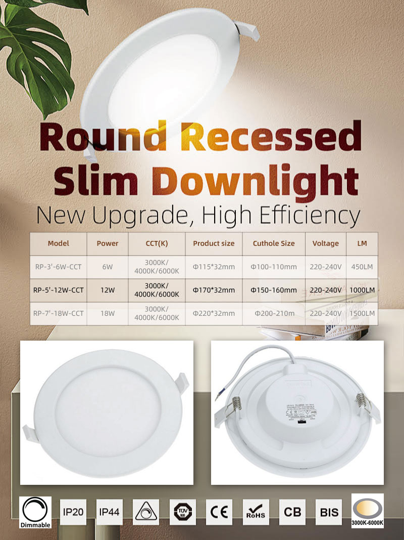 LED Downlights / Recessed Light 12W 230V CCT 3000K-6000K 170mm IP20/44 White